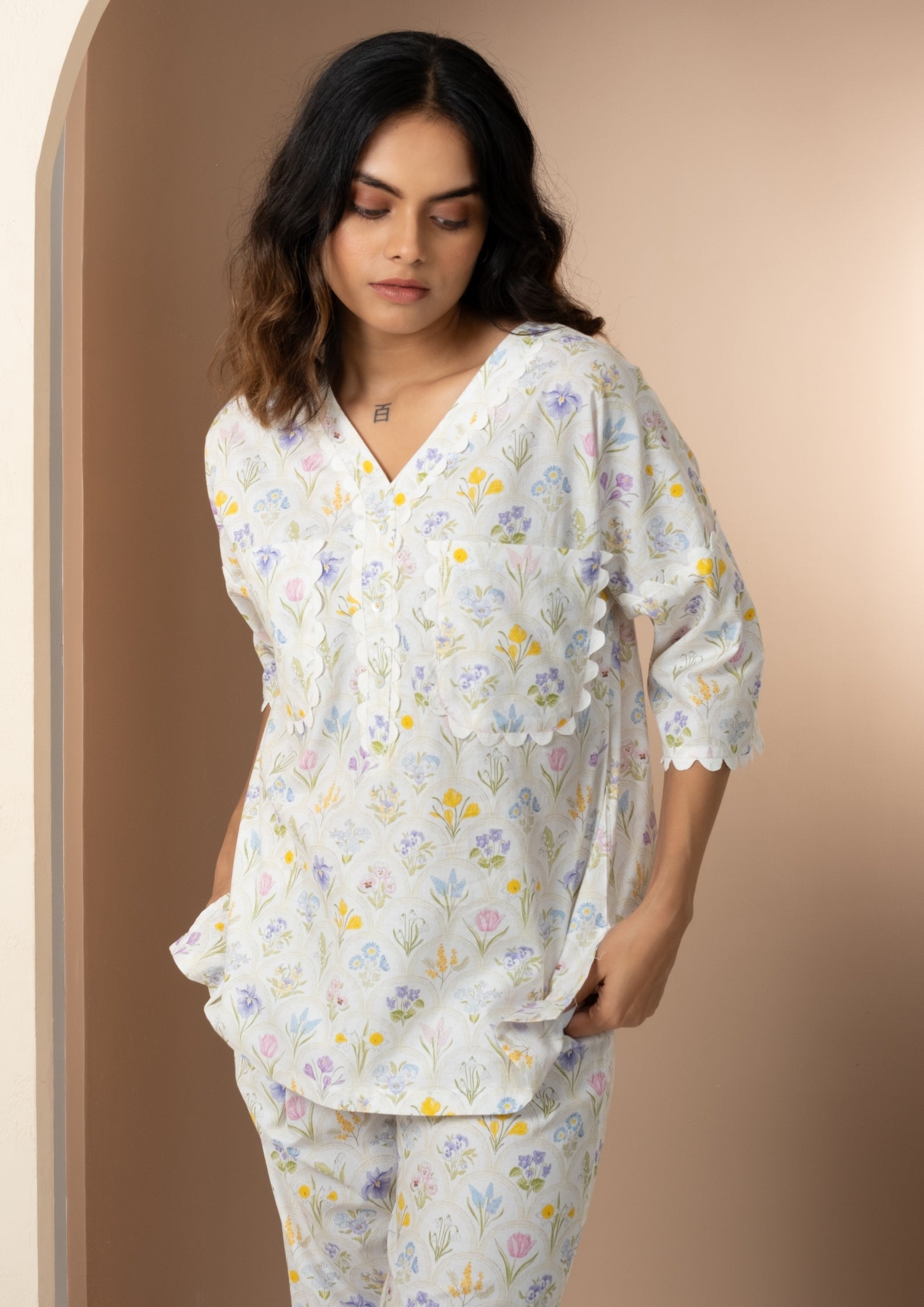 White Floral Print Cotton Co-ord Lounge Set, Two-Piece Summer PJs - Image 2