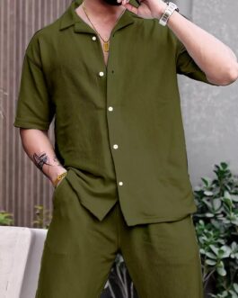 Green Color Mens Full Set Trouser And Shirt Half Sleeves