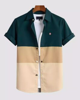 Cream Green Printed Men's Half Sleeves Poly Cotton Casual Wear Shirts