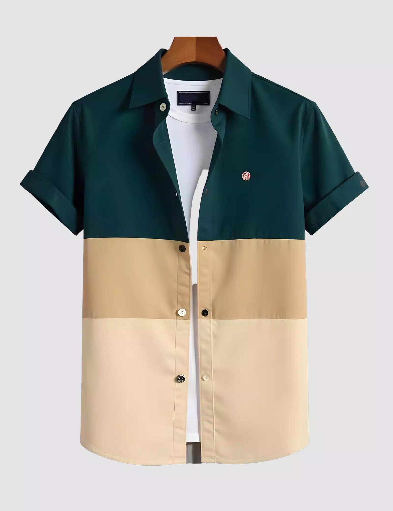 Cream Green Printed Men's Half Sleeves Poly Cotton Casual Wear Shirts