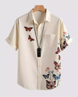 White Butterfly Printed Men's Half Sleeves Poly Cotton Casual Wear Shirts