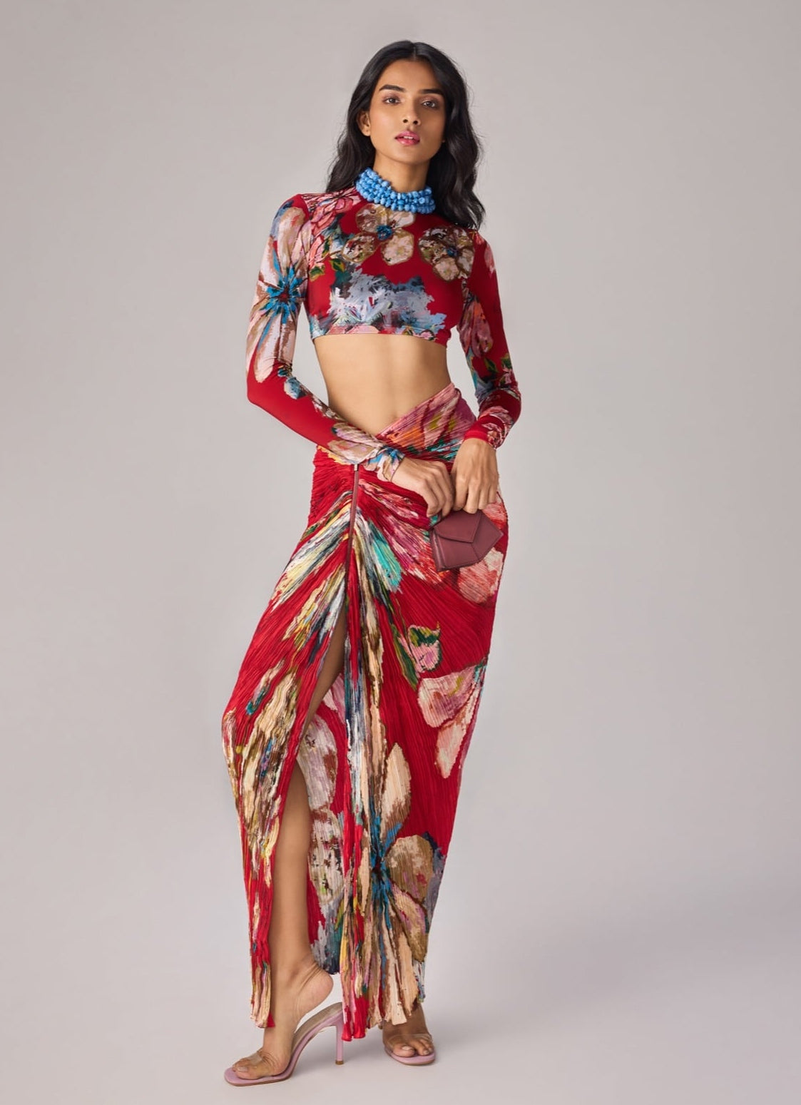 Red Multicolour Print Drape Skirt Set