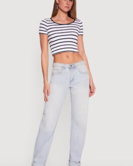 Striped Seamless Short Sleeve Scoop Neck Crop Top