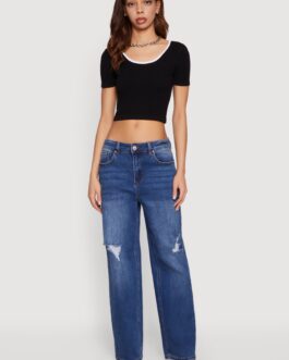 Cropped Contrast Trim Seamless Scoop Neck Tee