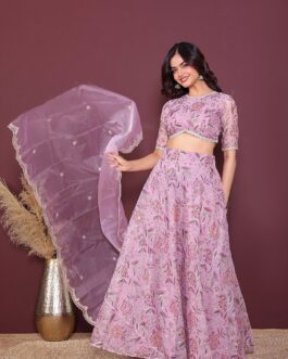 Women Pink Organza Embroidered Lehenga Set