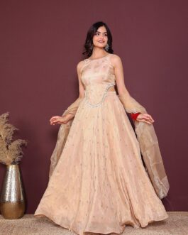 Women Beige Tissue Embroidered Lehenga Set