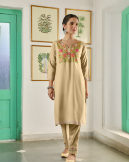 Little Wish Crafts Aari Embroidered Cotton Solid Women's 2PC Long Kurta Set - Beige