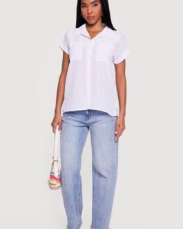 Solid Textured Knit Short Sleeve Button Front Shirt