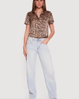 Satin Animal Print Short Sleeve Button Front Shirt
