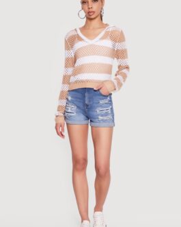 Crochet Striped Hooded Long Sleeve Top