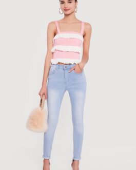 Contrast Ruffle Trim Rib Knit Blouse