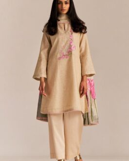 Beige and Pink Woven Kurta Set