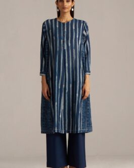 Indigo Blue Stripe and Check Print Linen Co-ord Set