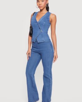 Denim High Waisted Side Zip Bootcut Jeans