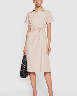 Poplin Half Button Front Drawstring Waist Shirt Dress
