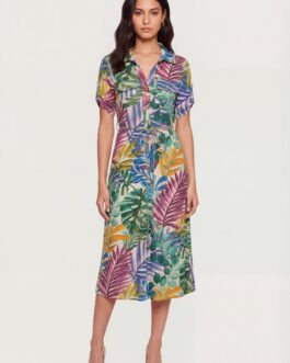 Palm Tree Half Button Front Shirt Dress with Tie Waist Belt