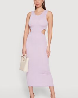 Ribbed Knit Cut Out Detail Scoop Neck Midi Dress