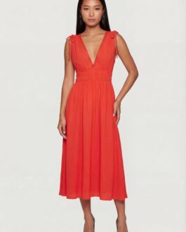 Crepe Knit Plunge Neck Drawstring Tie Shoulder Maxi Dress