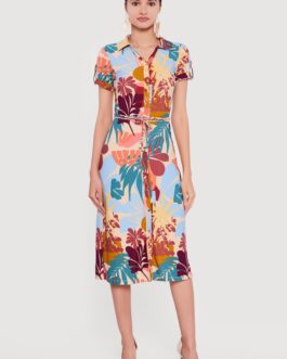 Tropical Print Tie Waist Belt Button Front Shirt Dress