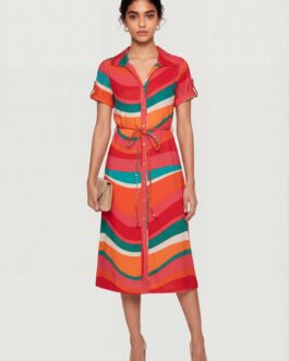 Abstract Swirl Button Front Shirt Dress with Rope Belt