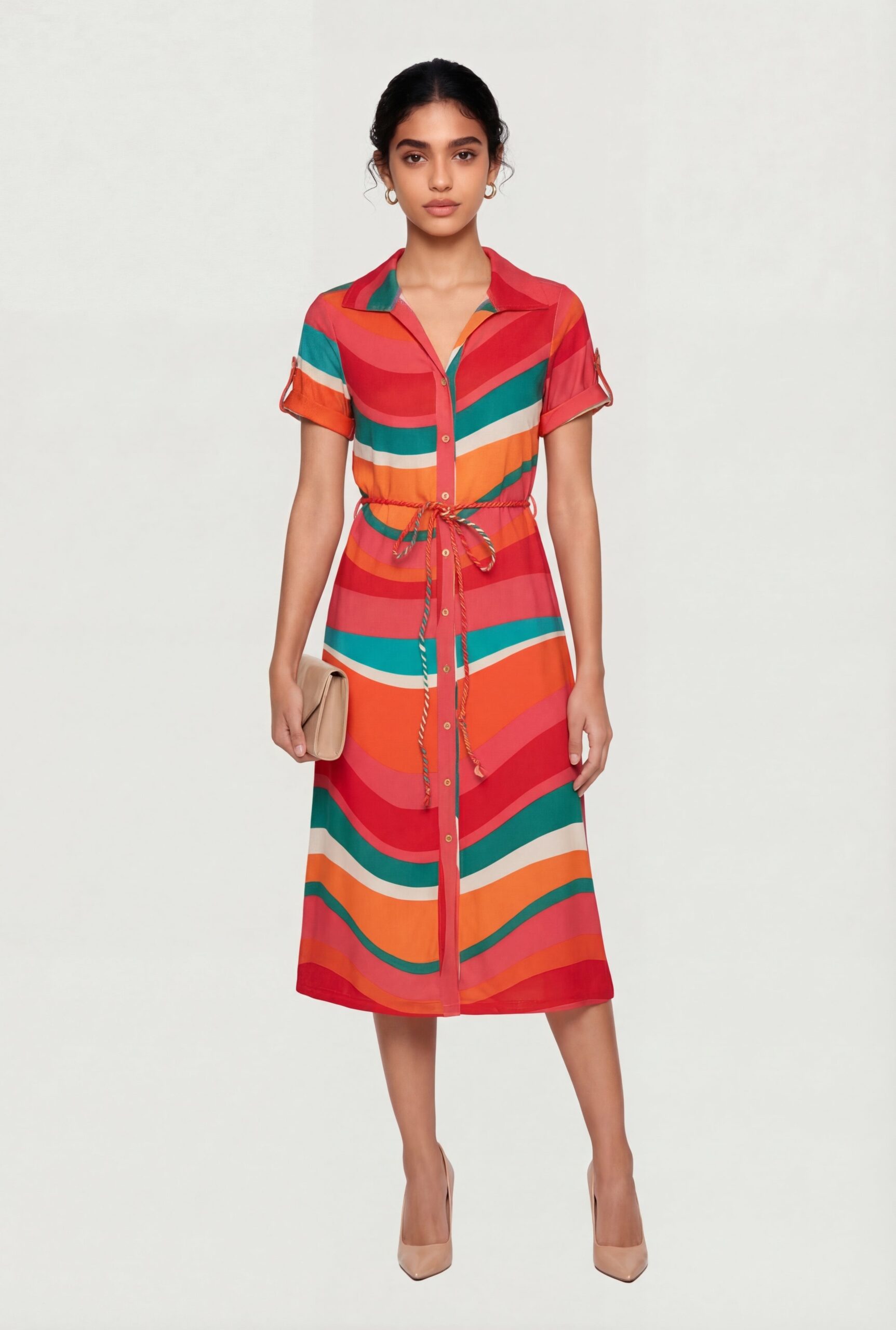 Abstract Swirl Button Front Shirt Dress with Rope Belt