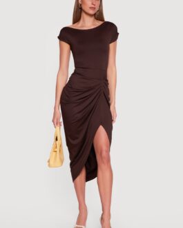 Asymmetrical Ruched Side Slit Midi Dress