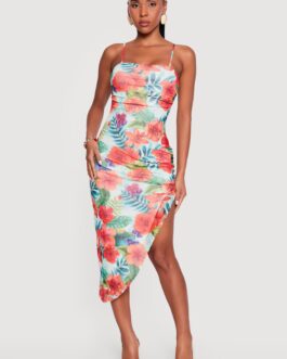 Floral Mesh Ruched Side Asymmetrical Hem Dress