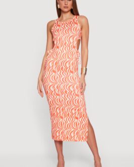 Swirl Print Drawstring Keyhole Side Maxi Dress