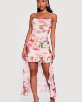 Floral Ruffle Trim High Low Cowl Neck Dress