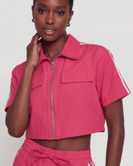 Nylon Zip Font Collar Crop Top