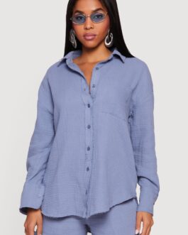 Gauze Knit Long Sleeve Shirt with Raw Hem