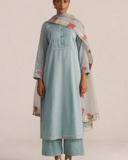 Ether Blue Embroidered and Woven Kurta Set