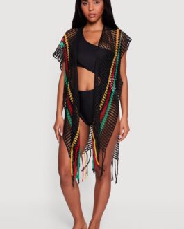 Contrast Trim Crochet Open Front Cover Up Kimono