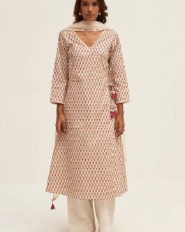 Cream Flower Printed Cotton Angrakha Suit