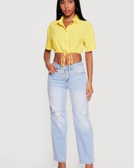 Crepe Knit Cropped Drawstring Waist Shirt