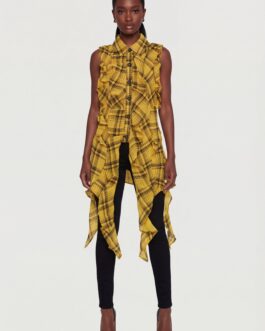 Plaid Ruffle Sleeveless Button Front Top