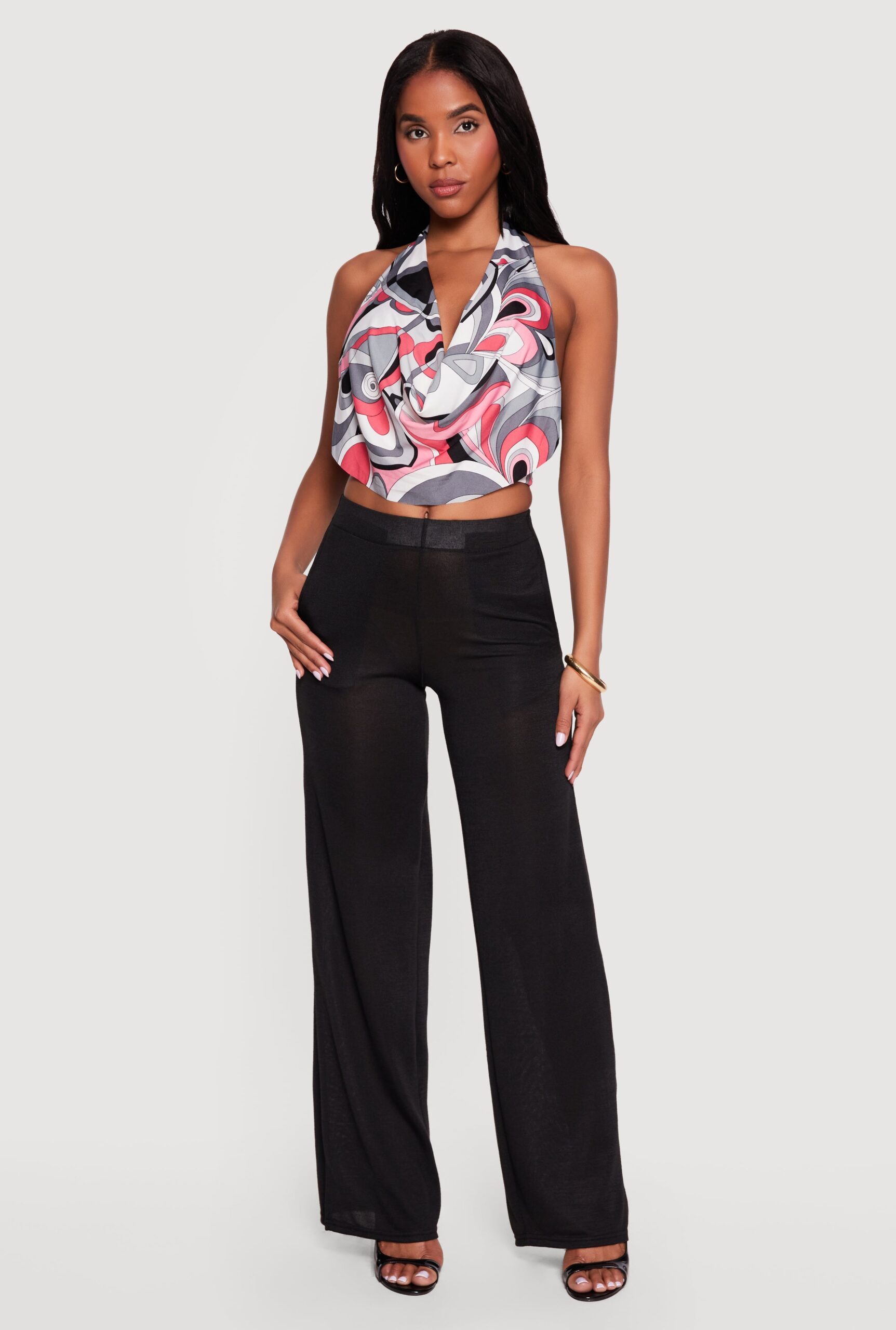 Abstract Print Cowl Neck Cropped Halter Top