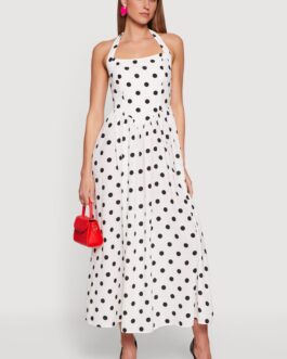 Polka Dot Smocked Back Halter Maxi Dress