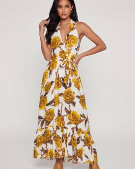 Floral Halter Maxi Dress with Tie Waist Belt