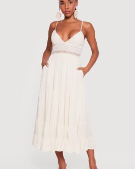 Crochet Detail Sleeveless Tiered Midi Dress