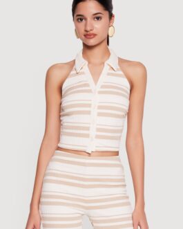 Striped Textured Knit Collared Halter Top