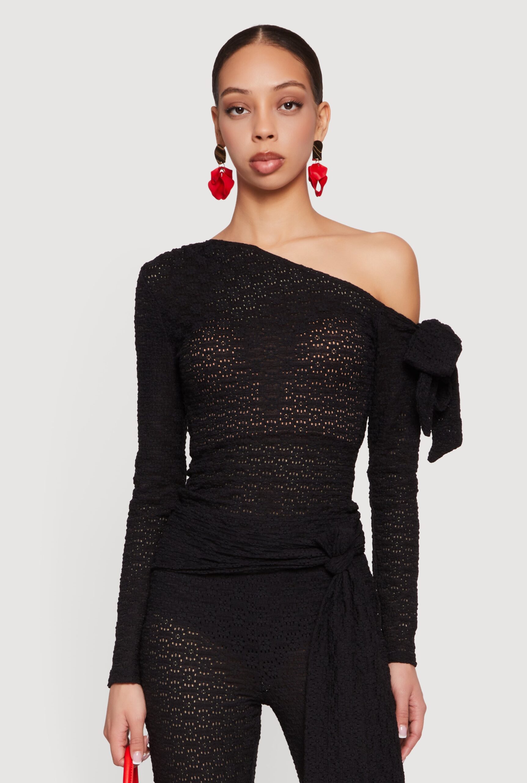 Textured Knit Asymmetrical Tie Sleeve Top