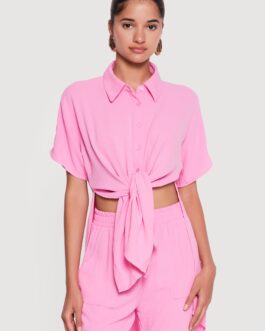 Crepe Knit Tie Front High Low Shirt