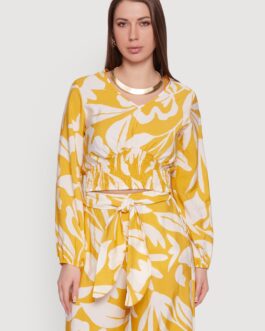 Abstract Floral Crepe Knit Cropped Smocked Waist Top