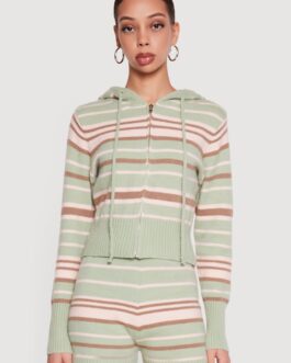 Striped Zip Front Hooded Sweater