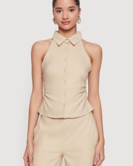 Side Ruched Button Front Collared Blouse