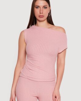 One Shoulder Rib Knit Side Ruched Blouse