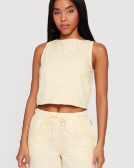 Floral Decorative Stitch Gingham Tie Back Crop Top