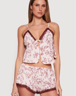 Floral Satin Lace Detail Side Tie Cropped Cami