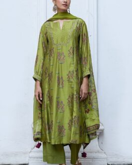 Henna Green Raw Silk Salwar Suit With Organza Dupatta